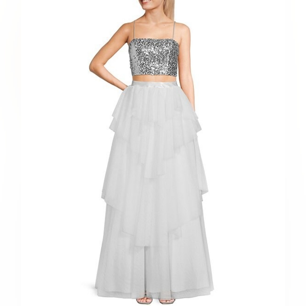 NWT City Vibe Sequin Spaghetti Strap Two-Piece Dress Silver/White Size 3